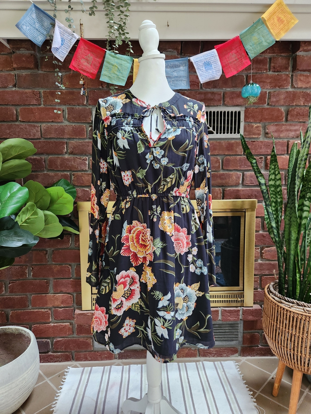 LOFT Floral Tie Neck Peasant Dress Small Boho Cottagecore Long Sleeve Mini Xs